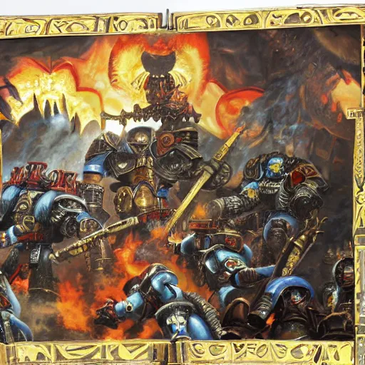 Image similar to warhammer 40k, the emperor of man fighting horus, painting, far shot