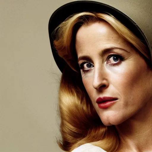 Prompt: photo of a gorgeous Gillian Anderson wearing a 1980s hat by Mario Testino, detailed, head shot, award winning, Sony a7R