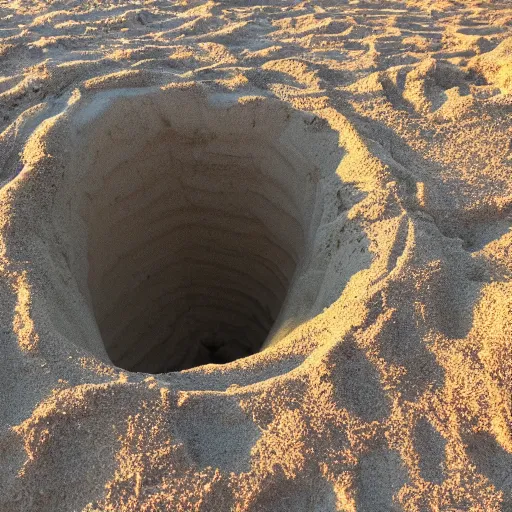 Prompt: deep dark hole on a sandy mississippi beach that has a few snakes crawling out of it, no trees no palm trees, no rocks.