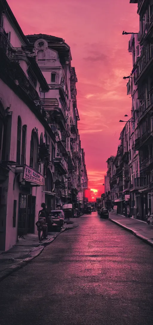 Prompt: a street photograph, pink sunset, dramatic lighting