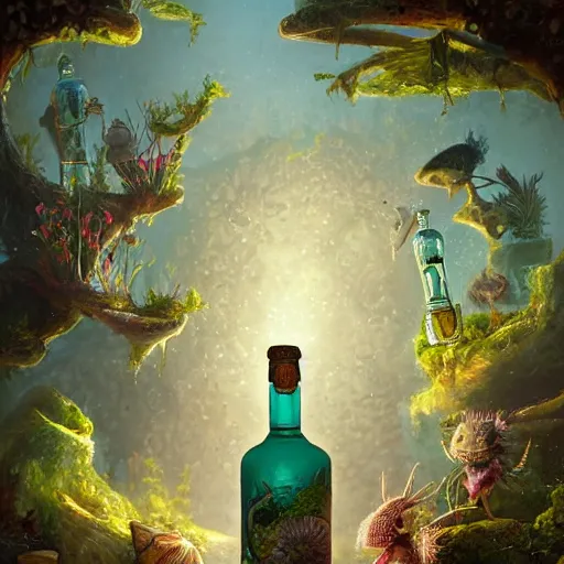 Image similar to A bottle of Gin, filled with tiny creatures, garden, summer, 8k resolution matte fantasy painting, cinematic lighting, DeviantArt, Artstation, Jason Felix Steve Argyle Tyler Jacobson Peter Mohrbacher