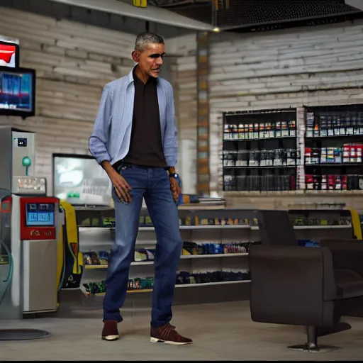 Image similar to barack obama wearing ripped jeans at a gas station, unreal engine, highly detailed render, 8 k