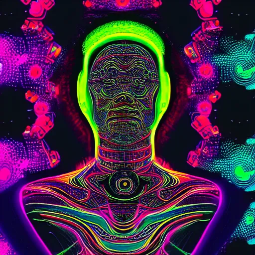 Image similar to photo of a black tshirt with a hyperdetailed portrait of a futuristic psychedelic meditating robot, 8 k, symetrical, flourescent colors, halluzinogenic, multicolored tshirt art,