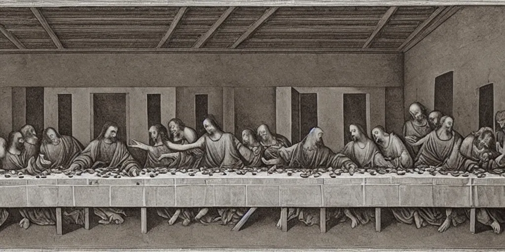 Prompt: the last supper, in the style of Dante’s inferno,