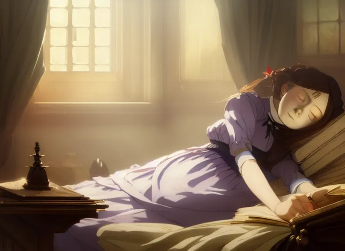 Image similar to victorian britain 1 8 3 6, 1 6 year old florence nightingale, asleep in a luxurious english victorian bedroom, dreaming of becoming a nurse, finely detailed perfect art, gapmoe yandere grimdark, trending on pixiv fanbox, painted by greg rutkowski makoto shinkai takashi takeuchi studio ghibli