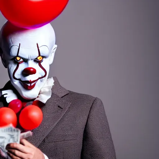 Image similar to Pennywise the clown wearing a suit and holding a stash of banknotes in his hands, full body shot