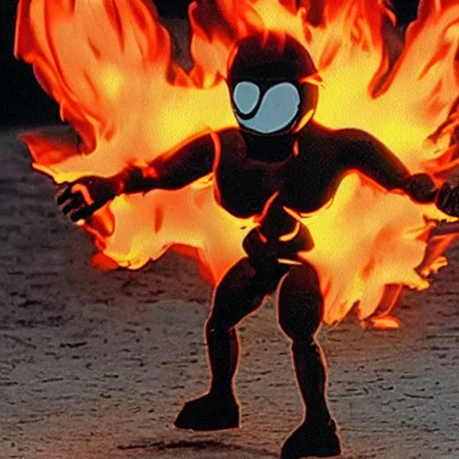 Image similar to a bomb with arms and legs lighting itself on fire with a match