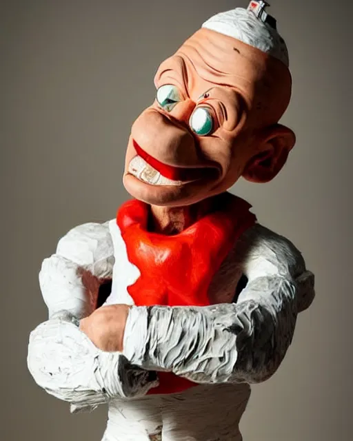 Image similar to an papier mache popeye by will kurtz, realistic, very detailed, complex, intricate, studio lighting, bokeh, sigma 5 0 mm f 1. 4