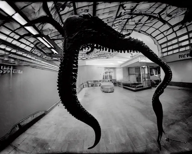 Image similar to camera footage of a extremely aggressive Giant mutated Octopus with glowing white eyes, Human Features, Teeth, in an abandoned shopping mall, Psychic Mind flayer, Terrifying, Silhouette :7 , high exposure, dark, monochrome, camera, grainy, CCTV, security camera footage, timestamp, zoomed in, Feral, fish-eye lens, Fast, Radiation Mutated, Nightmare Fuel, Wolf, Evil, Bite, Motion Blur, horrifying, lunging at camera :4 bloody dead body, blood on floors, windows and walls :5