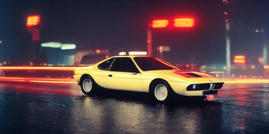 Prompt: a single bmw m 1, speeding down tokyo highway in the rain, night time, neon lights, thunderstorm, movie still from the film bladerunner