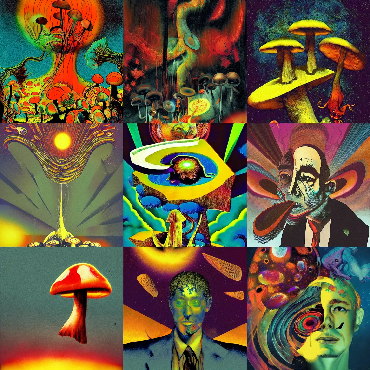 Prompt: psychedelic mushrooms dream, no fears, okay one fear, by dave mckean and dave gibbons, trending on artstation