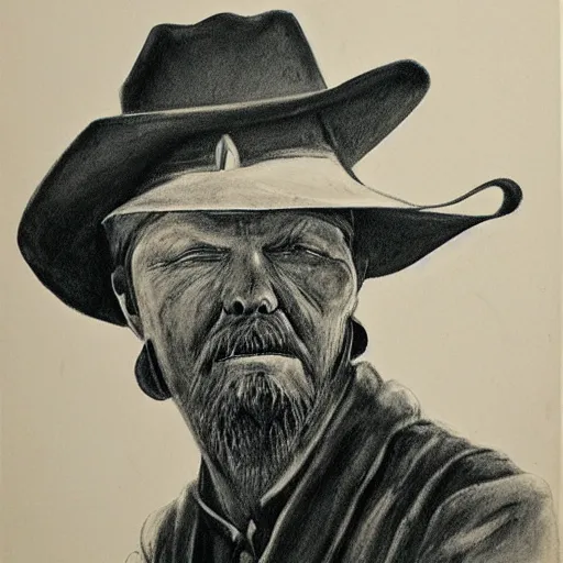 Image similar to charcoal portrait of an early 20th century jung monster hunter, cowboy hat, coat