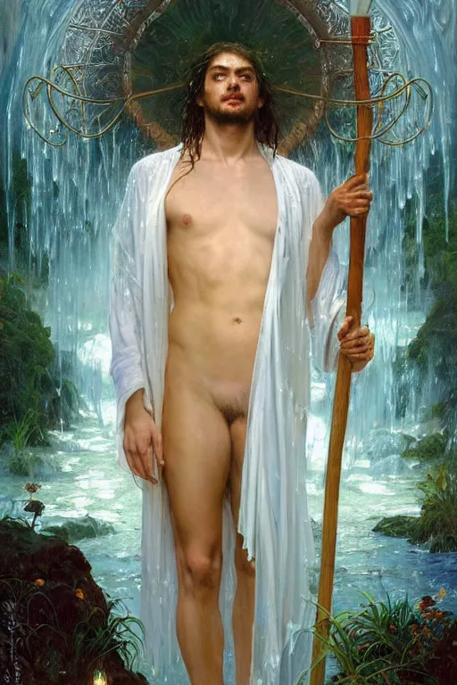 Image similar to portrait of a beautiful man wearing a white robe, holding a long fantasy staff, drenched body, wet dripping hair, emerging from the water, fantasy, regal, fractal crystal, fractal gems, by stanley artgerm lau, thomas kindkade, alphonse mucha, loish, norman rockwell