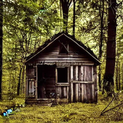 Prompt: shabby hut in a dark forest