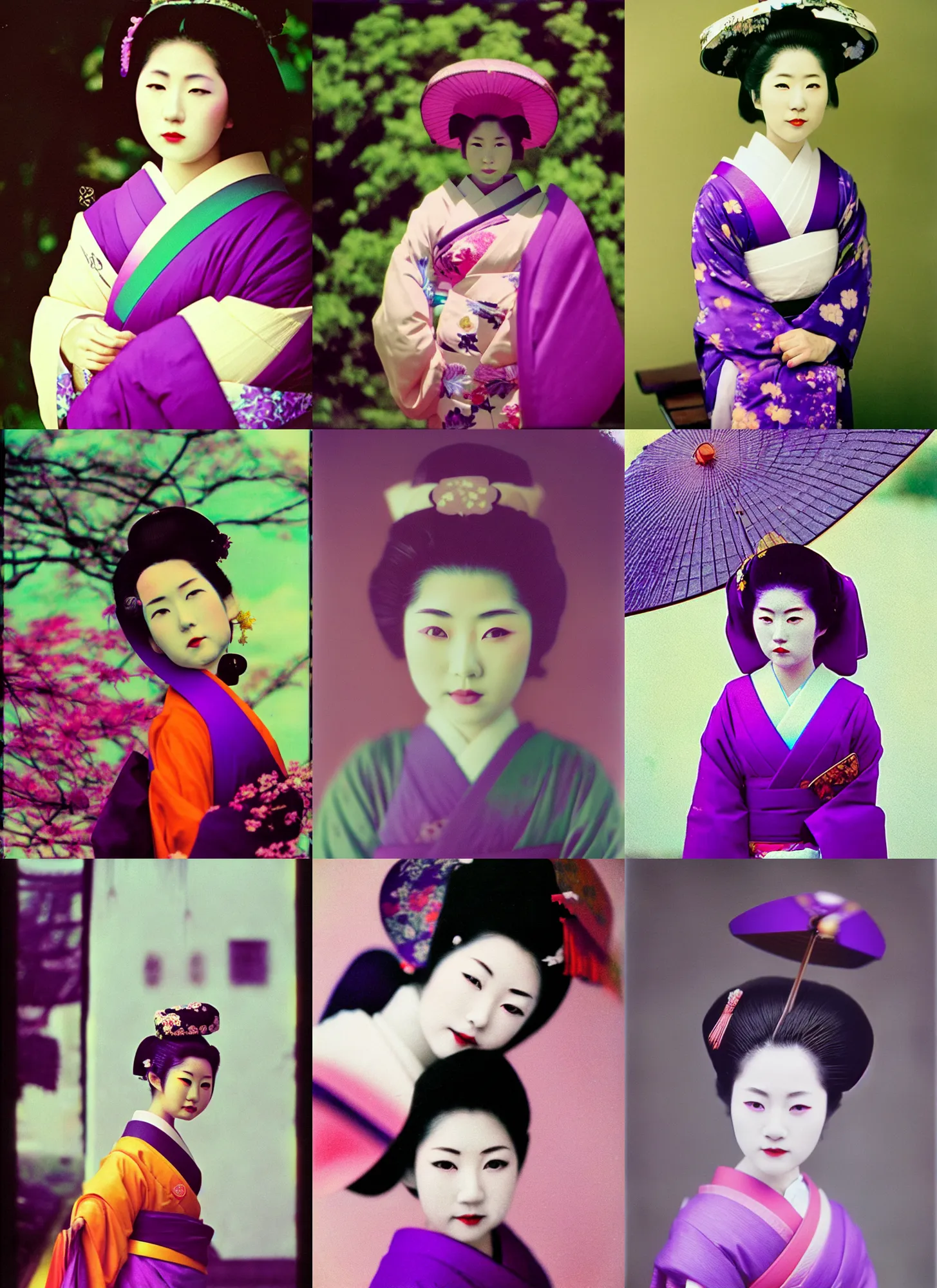 Prompt: Portrait Photograph of a Japanese Geisha Lomochrome Purple 100-400