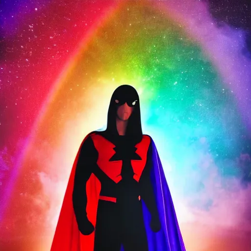 Prompt: a detailed portrait photo of a rainbow themed super hero, super hero costume, super hero mask, cinematic shot, marvel, dc,