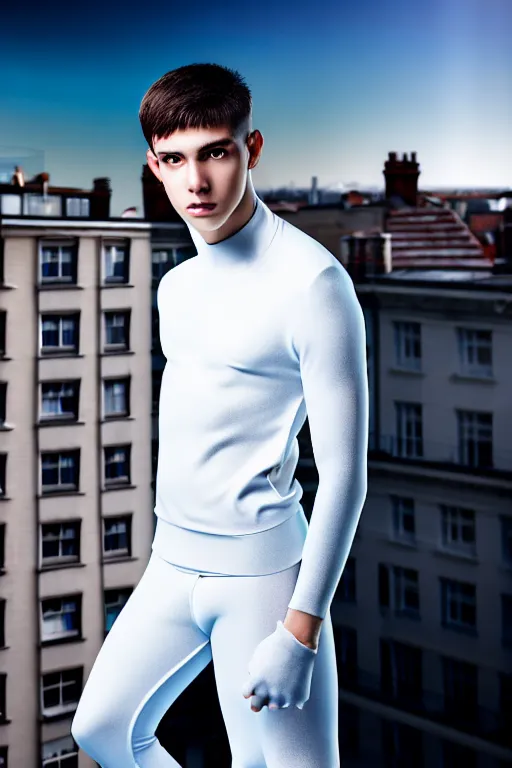 Image similar to un ultra high definition studio quality photographic art portrait of a young man standing on the rooftop of a british apartment building wearing soft padded silver pearlescent clothing. three point light. extremely detailed. golden ratio, ray tracing, volumetric light, shallow depth of field. set dressed.