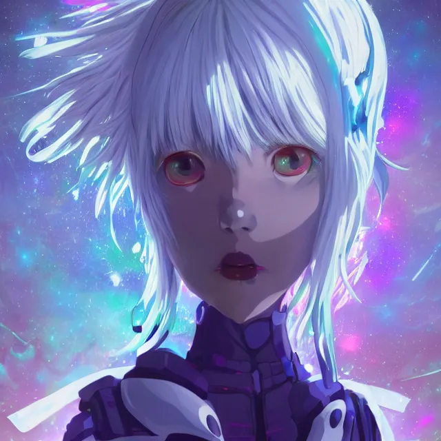 Image similar to rei ayanami, deep space, seascape, grimes, silver hair, shikinami asuka langley, card captor sakura, bunny ears, cosmos, psychedelic flowers, black opal, rainbow aura quartz, organic, oni compound artwork, of character, render, artstation, portrait, wizard, beeple, art, fantasy, epcot, psychedelic glitchcore