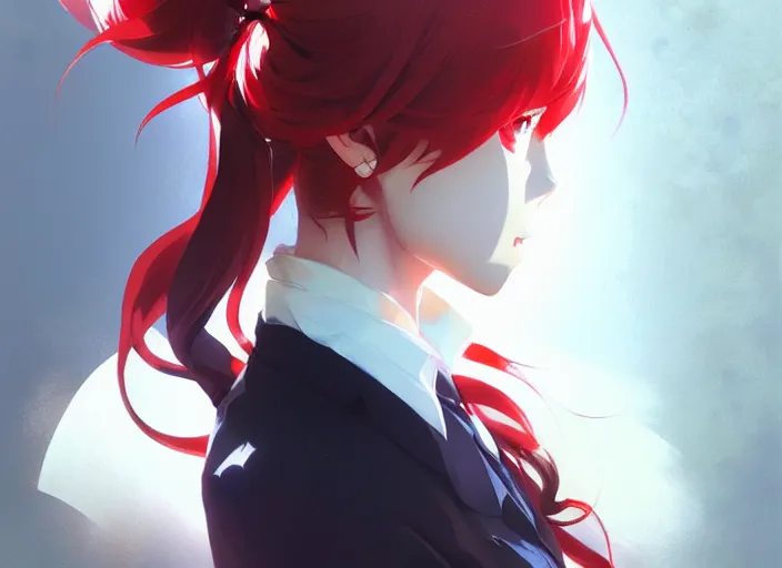 Image similar to kasumi yoshizawa from persona 5 anime, red hair, white school uniform, intricate, sharp focus, illustration, highly detailed, digital painting, concept art, matte, art by ruan jia and wlop and greg rutkowski, masterpiece