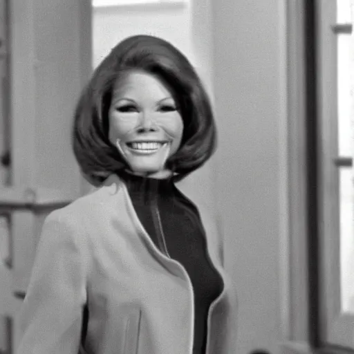 Prompt: A photo of Mary Tyler Moore in her younger days in a black and white photo. The date of the photo is 1963.