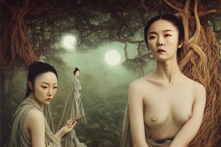 Image similar to wuxia, forest, moonlight, gemma chen, madison beer, pinup, intricate beautiful faces, painting by agostino arrivabene, vanessa beecroft, anka zhuravleva, mary jane ansell, peter mohbacher, gerald brom