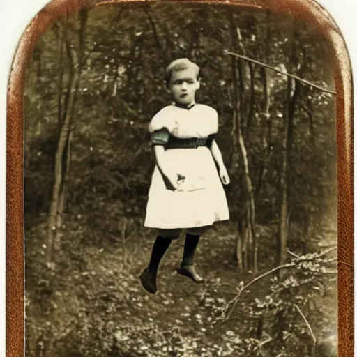 Image similar to Polaroid photo of Victorian child floating three feet above the ground in a thick forest