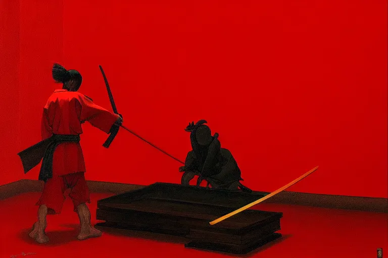 Image similar to only with red, a red samurai do seppuku, tokio, a lot of frogs watch, in the style of beksinski, parts by edward hopper, parts by rodcenko, parts by yue minjun, intricate and epic composition, red by caravaggio, insanely quality, highly detailed, masterpiece, red light, artstation, 4 k