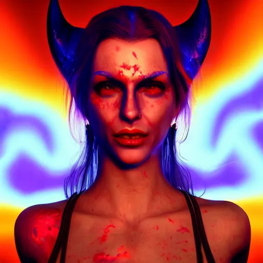 Image similar to photorealistic woman devil. hyperdetailed photorealism, 1 0 8 megapixels, amazing depth, high resolution, 3 d shading, 3 d finalrender, 3 d cinematic lighting, glowing rich colors, psychedelic overtones, artstation concept art.