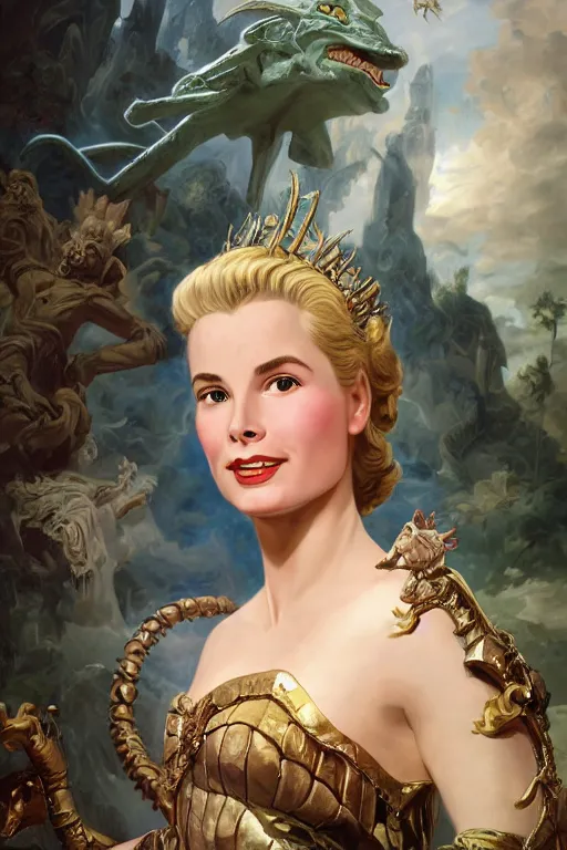 Image similar to A fantasy comic book style portrait painting of Grace Kelly, as an Atlantean Reptilian Warrior, Mystical Valkyrie, François Boucher, Oil Painting, unreal 5, DAZ, hyperrealistic, octane render, Regal, Refined, Detailed Digital Art, RPG portrait, William-Adolphe Bouguereau, Michael Cheval, Walt Disney (1937), Steampunk, dynamic lighting, Highly Detailed, Cinematic Lighting, Unreal Engine, 8k, HD