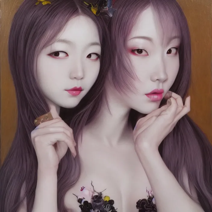 Image similar to elegant korean goth girl, latex, lolita fashion, beautiful, oil painting, sfumato, hyperrealistic, detailed, very smooth, brushwork, sharp focus, mood lighting, concept art, by junji ito, by takashi murakami, by alex grey