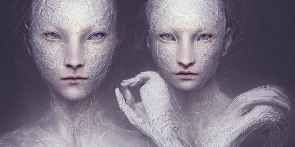 Image similar to realistic photography of a beautiful cyborg androgynous humanoid, holding close, soft glowing, intricate filigree, in the style of beth cavener, jin kagetsu, wlop, highly detailed, symmetry, masterpiece, concept art, ringflash, highkey lighting, ambient lighting, octane render, 8 k, artstation