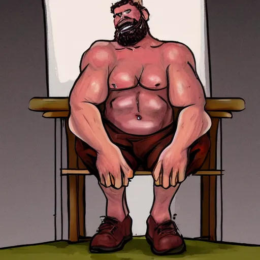 Prompt: six foot tall burly man named craig with crayons stuffed into his mouth, chewing, eating, binging, sitting on a wooden chair, high quality digital art, artstation