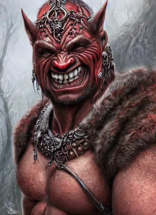 Image similar to red skin, orc, smiling, beautiful detailed eyes, cute, fantasy, intricate, elegant, highly detailed, digital painting, 4k, HDR, concept art, detailed jewelry, smooth, sharp focus, illustration, by Wayne Reynolds