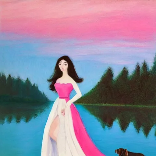 Image similar to a beautiful girl with a beautiful face wearing white dress, a dog, john martin landscape, lake evening, pink and blue colors