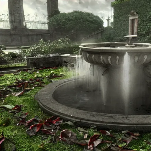 Prompt: abandoned garden inside a dark mansion, fountain, dead flowers, realistic, highly detailed, hd, unreal engine, background of resident evil game