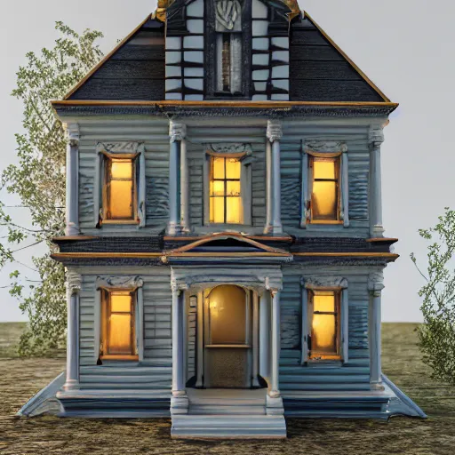 Image similar to photo of a Victorian dollhouse, outside view, extreme details, soft lighting, realistic octane render, 8k
