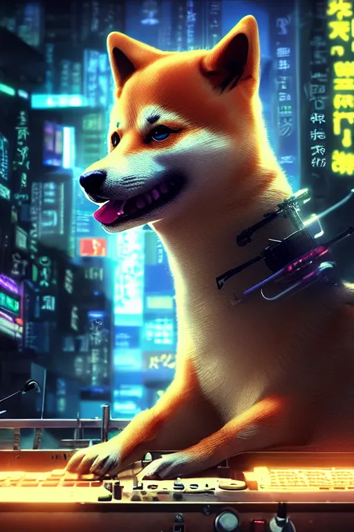 Image similar to high quality 3 d render very cute cyborg shiba inu plays drums, cyberpunk highly detailed, unreal engine cinematic smooth, in the style of blade runner & pixar, hannah yata charlie immer, moody light, low angle, uhd 8 k, sharp focus