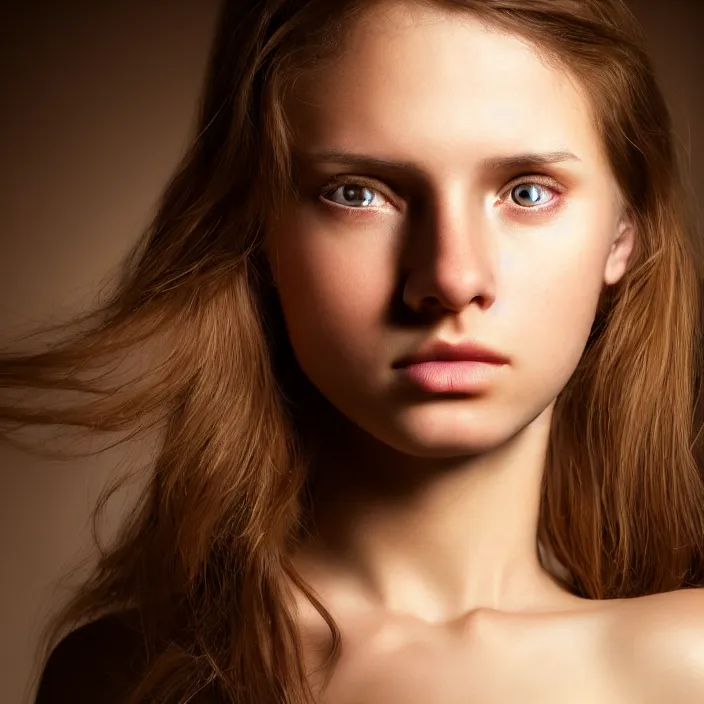 Image similar to photographic Close-up face of a extremely beautiful girl with light brown hair , high light on the left, non-illuminated backdrop, illuminated by a dramatic light, Low key lighting, light dark, High constrast, dramatic , Steve Mccurry, Greg Rutkowski, Alphonse Mucha ,dark background, high quality, photo-realistic, 8K,