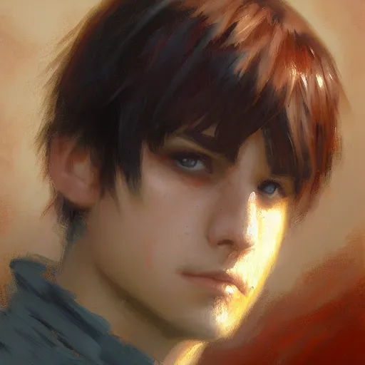 Image similar to A handsome, cute emo guy, close-up painting by Gaston Bussiere, Craig Mullins, trending on artstation, artstationHD, artstationHQ, artstation digital artwork