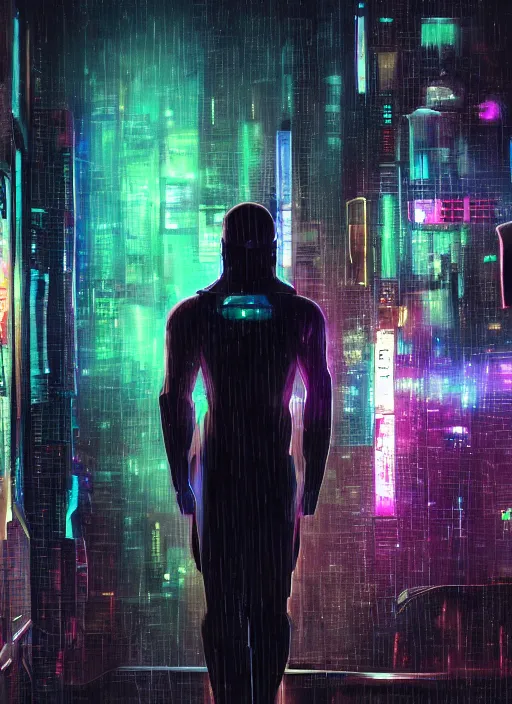 Image similar to one cyber godly person made of cosmic nebula galaxy energy watching a rainy colorful complex cyberpunk futuristic city from behind at night through a window in a room, reflections, high contrast, 8 k, photorealistic, concept art, wet, highly detailed, cinematic mood by ridley scott, ghost in the shell, trending on artstation, glowing lights, sharp focus, epic