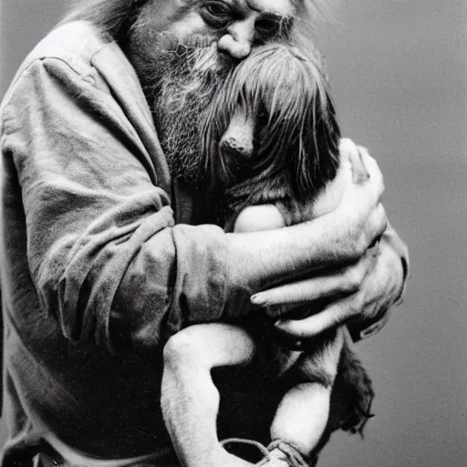 Image similar to robert wyatt cradling a hairy goblin like a baby, heartwarming photograph