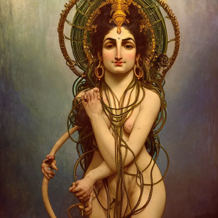 Prompt: neoclassical portrait of a 2 0 4 4 shiva nataraja, it is decorated with long wires that fall like vines and wears a huge computer crown. by jeremy mann and alphonse mucha, fantasy art, photo realistic, dynamic lighting, artstation, poster, volumetric lighting, very detailed faces, 4 k, award winning