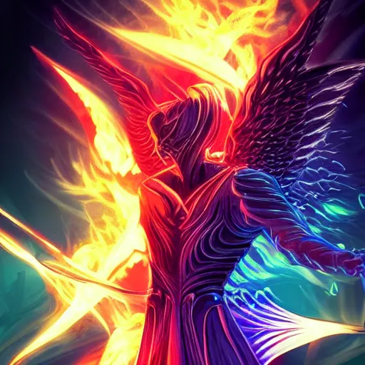 Image similar to villan angel handsome in love slayer art, night, electro lines, anime style, detailed face, high quality, smooth in 8k, sharp focus, beautiful scene, black border, beautiful scene with a lot of colors, colorful fire, many colors