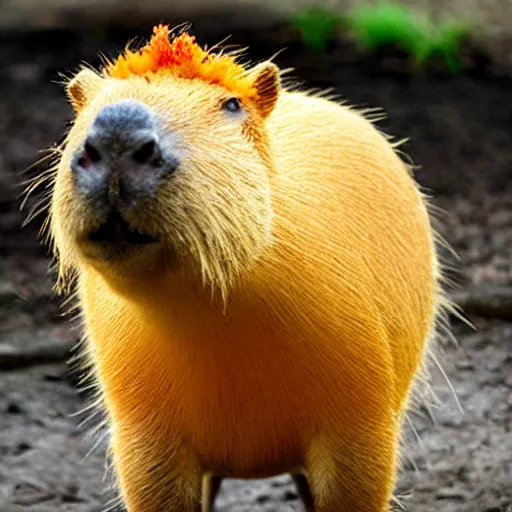 Image similar to A capybara with orange on head