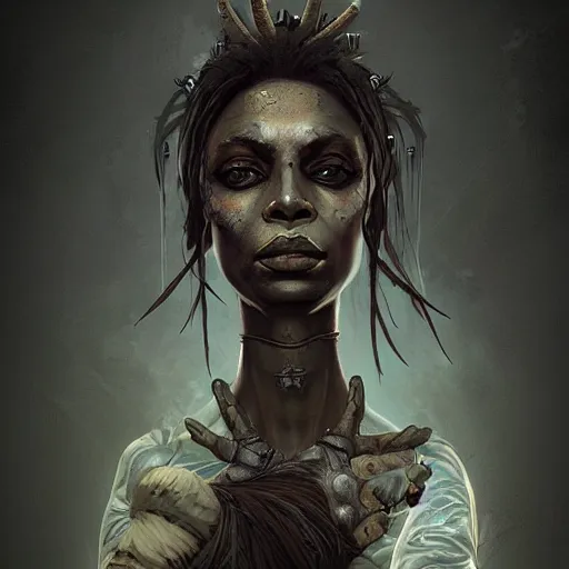 Prompt: a dark and ominous voodoo priestess, Apex Legends character digital illustration portrait design, by anton semenov, detailed, cinematic lighting, wide angle action dynamic portrait
