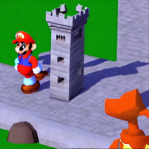 Prompt: phone picture of in - game crt screenshot of lebron james as a low - poly character in super mario 6 4, standing outside princess peach's castle, 4 k, high quality, hyperdetailed