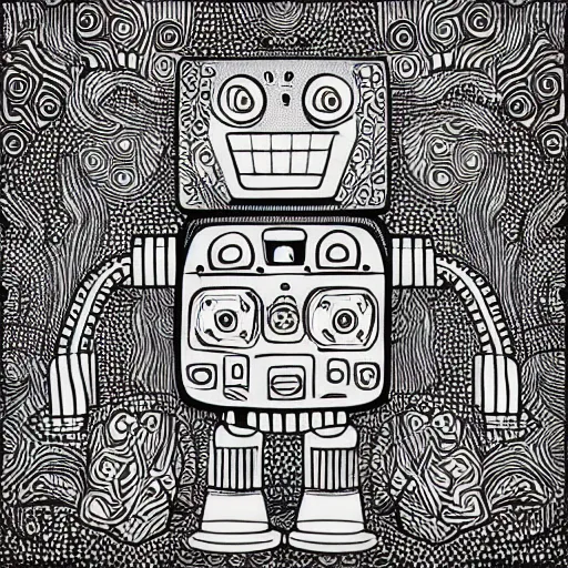 Prompt: “geometrically incomprehensible surreal order of happy robot, extremely high detail, photorealistic, intricate line drawings, dotart, album art in the style of James Jean”