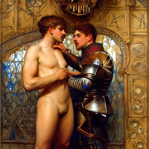 Image similar to attractive fully clothed arthur pendragon confesses his love for his attractive fully clothed male knight. highly detailed painting by gaston bussiere and j. c. leyendecker 8 k