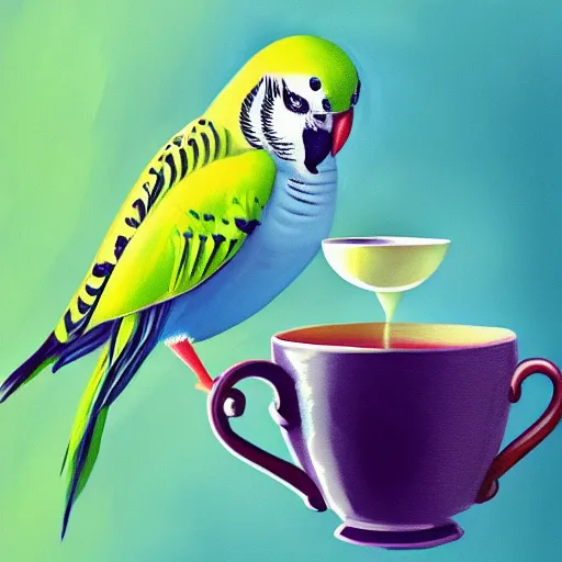 Image similar to fantasy painting of a budgie holsing a cup of tea, award winning, stylized, artstation, hd