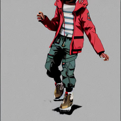 Image similar to huey freeman from boondocks in an acronym techwear outfit, anime, character design, in the style of akihiko yoshida, high definition, fullbody, artstation, 4 k